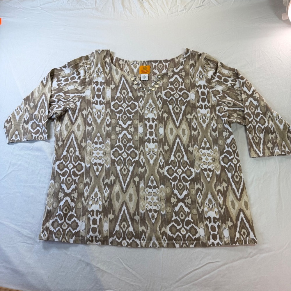 Ruby Rd Woman Blouse Women's 2X Brown Tan Geometric Beaded V Neck 3/4 Sleeve - Picture 2 of 8